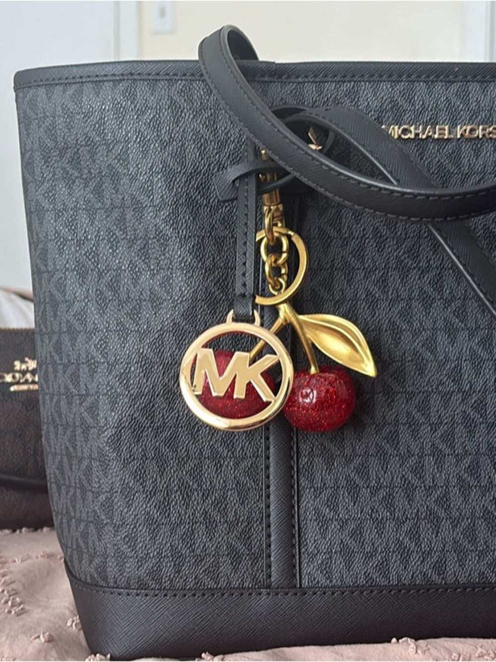 Michael Kors SMALL Black Tote with Gold MK Cherry Charm